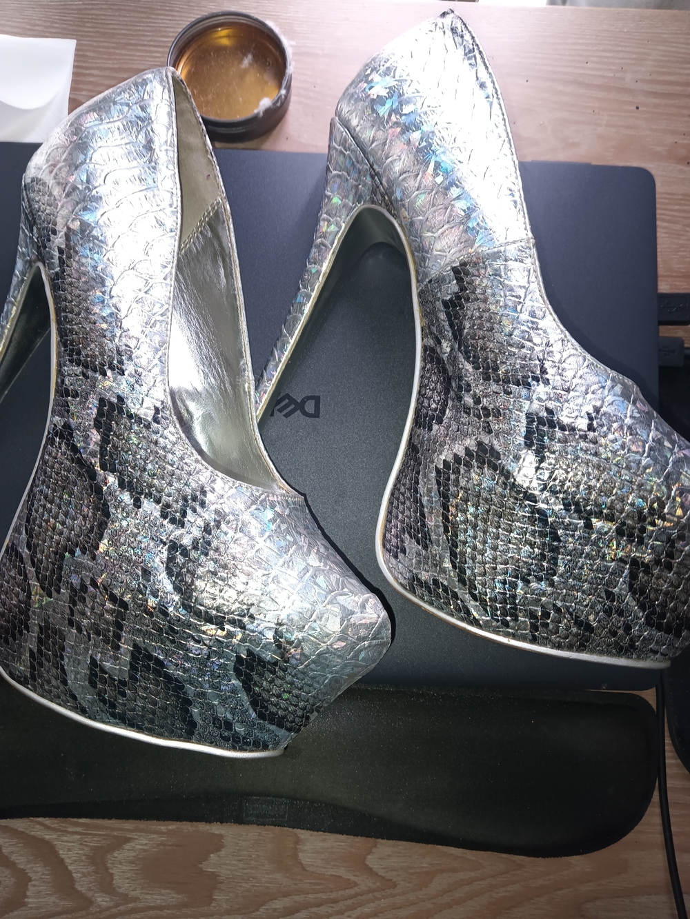 Liliana Silver Holographic Snake-Embossed Platform Heels